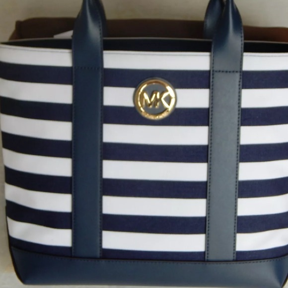 MICHAEL KORS NWT FULTON CANVAS STRIPED MED TOTE SHOULDER BAG NAVY AUTHENTIC - Picture 2 of 13